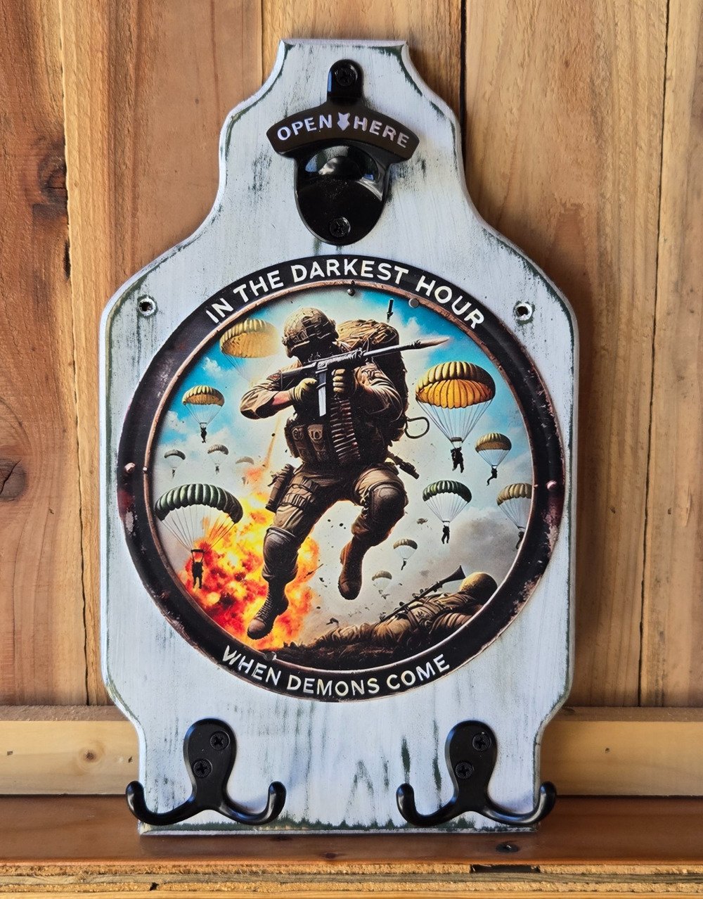 Paratrooper Military Wall Mount Plaque, Vintage Look, Wood, Bottle Opener, Hooks
